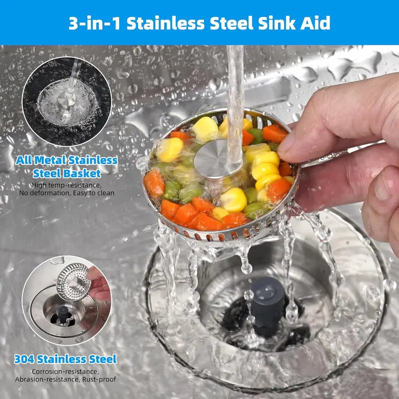 3-in-1 Kitchen Sink Stopper & Strainer, Heavy-Duty Stainless Steel