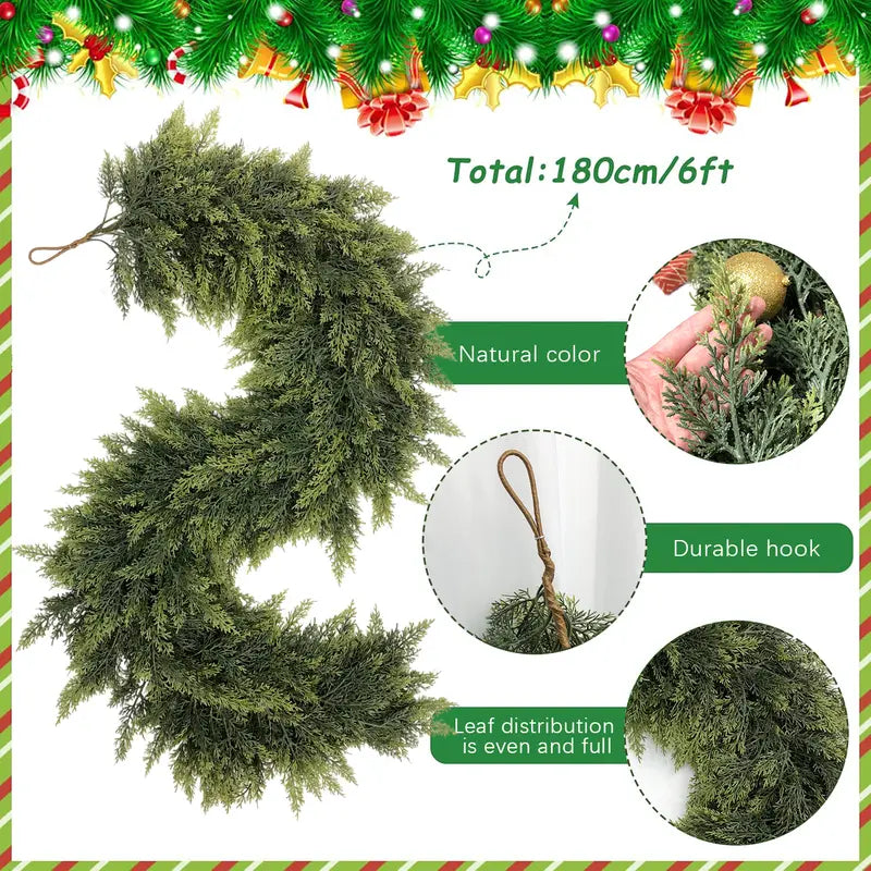 🎄 6FT Artificial Cedar Garland (2 Pack) – Lifelike Greenery for Indoor & Outdoor Xmas Decor