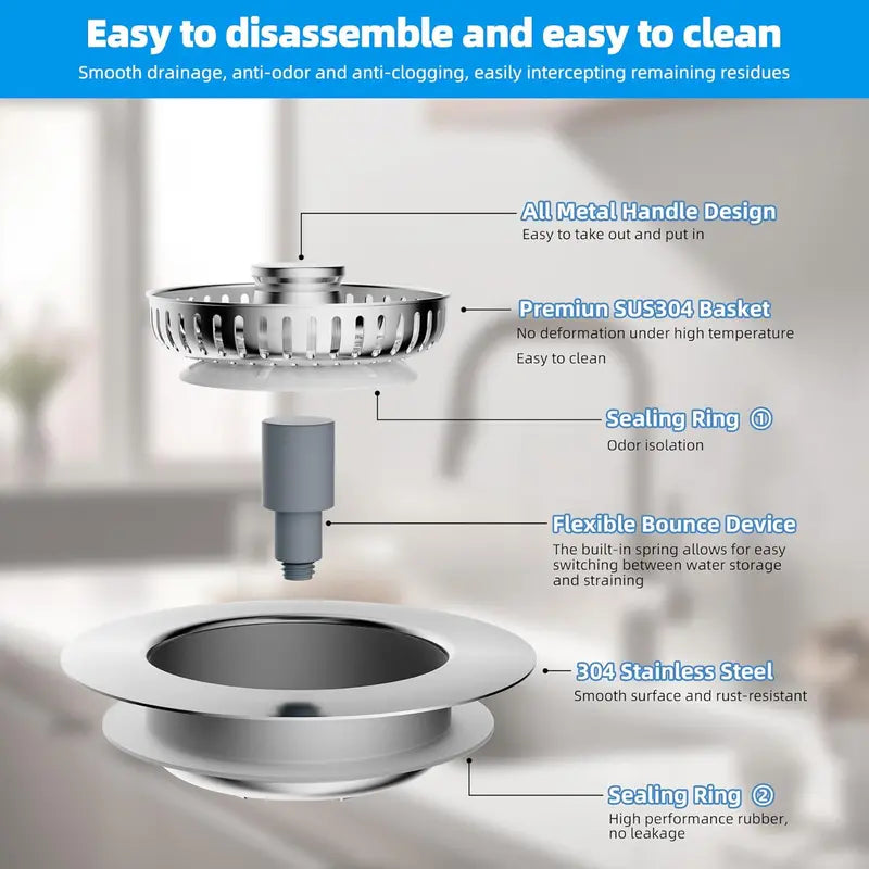 3-in-1 Kitchen Sink Stopper & Strainer, Heavy-Duty Stainless Steel