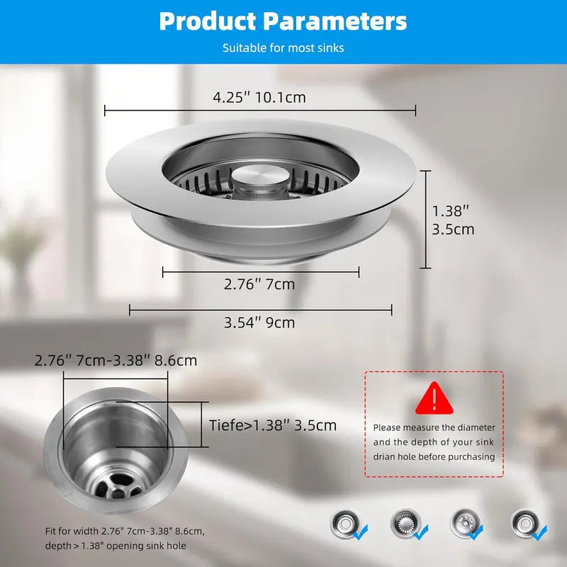 3-in-1 Kitchen Sink Stopper & Strainer, Heavy-Duty Stainless Steel